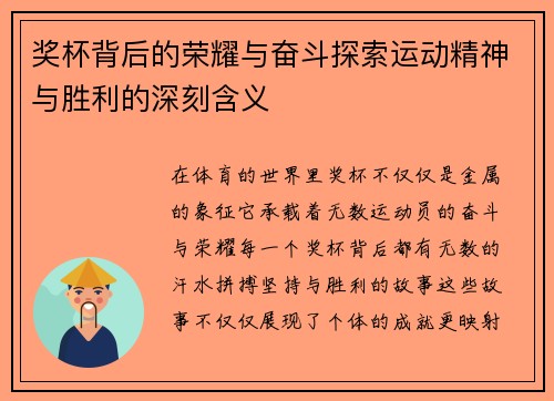 奖杯背后的荣耀与奋斗探索运动精神与胜利的深刻含义