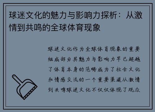 球迷文化的魅力与影响力探析：从激情到共鸣的全球体育现象